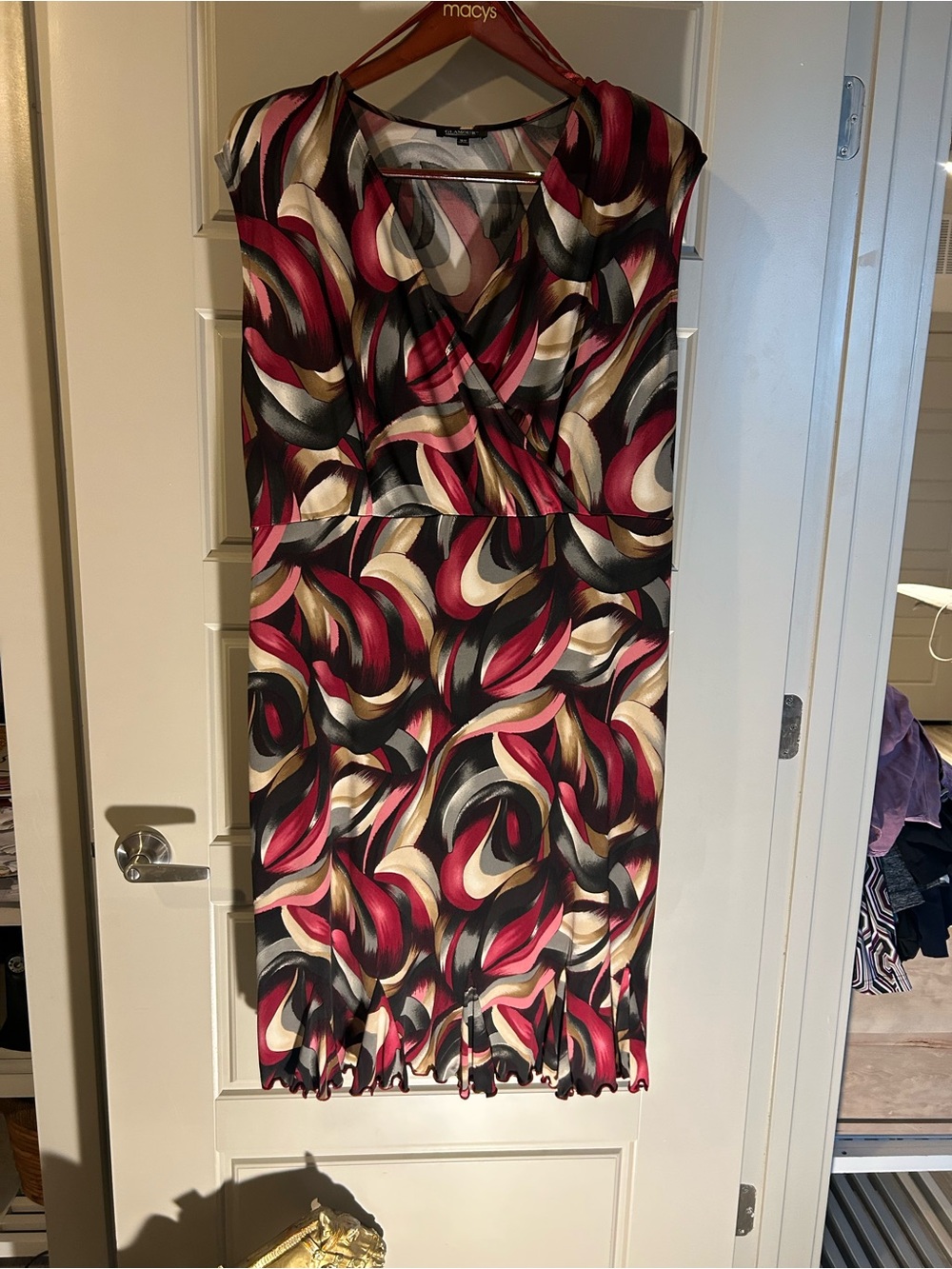Glamour Abstract Swirl Surplice Midi Dress in Burgundy, Black, Cream